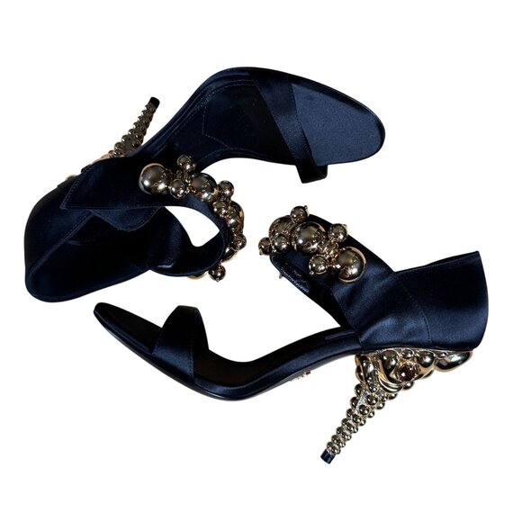 Prada Authentic Black Satin Embellished Gold Ball Mary Jane Heels Shoes Size 38 - Picture 6 of 14